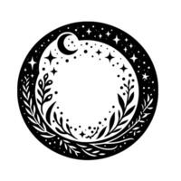Intricate black and white circular illustration moon, stars, and botanical border design, decorative celestial frame. vector