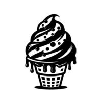 Bold black and white illustration of a swirled ice cream cone with dripping melted topping and simple background. vector