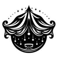 A monochrome, stylized illustration of a circus tent, with a complex featuring ornamental flourishes and star accents, creating a magical and elegant atmosphere. vector