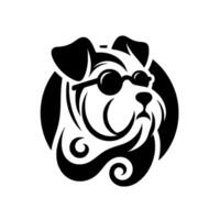 Stylish black and white bulldog portrait in circular frame, wearing sunglasses, modern design, flat , dog, cool, sleek. vector