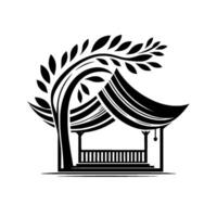 Black and white minimalist illustration featuring a stylized gazebo with a curved roof, encompassed by a stylized tree with leaves. vector