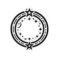 Celestial circle design a stylized black and white illustration featuring stars, a crescent moon, and a starshaped frame or emblem. vector