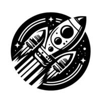 Illustration of a retro rocket ship blasting off, framed in a circular cosmos of stars and lines, in bold black and white, with a vintage scifi aesthetic. vector