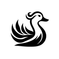 Minimalist black and white duck with curled feather detailing, on isolated white background. vector