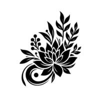 Black and white stylized floral arrangement featuring a central lotuslike bloom, leaf clusters, and curved swirl elements, all against a stark white background. vector