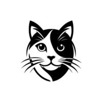 Bold black white cat face logo simple, balanced illustration showcasing a smiling feline with unique bicolor design, whiskers, and friendly expression. vector