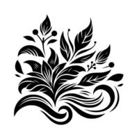 Black white floral arrangement stylized botanical featuring leaves, berries, and elegant flowing lines, against a pristine white backdrop, embodying simplicity. vector