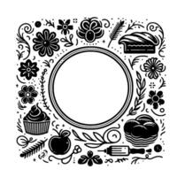 Black and white floral food illustrations surrounding a blank circular space, perfect for text or branding. vector