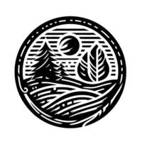 Intricate circular emblem depicting a stylized forest landscape with trees, sun, hills, and a unique papercut effect. vector