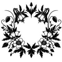 Intricate black and white floral wreath composition with columbine, poppy, and leaf elements forming circular decorative border on white. vector