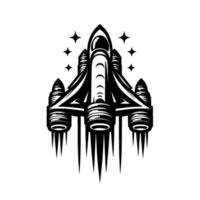 Black and white illustration of a stylized space shuttle taking off with starbursts, on a white background. vector