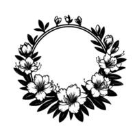 Elegant monochrome floral wreath featuring stylized azalea flowers and foliage arranged in a circular frame, perfect for invitations. vector