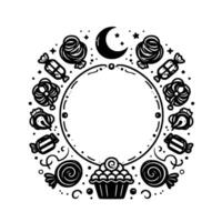 Whimsical black and white circular frame featuring sweets, moon, and stars vector