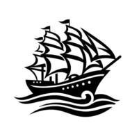 Bold, black and white silhouette of a sailing ship on a white backdrop, featuring detailed sails and waves. vector