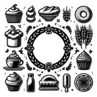 Black and white bakery design a circular frame with pastries, grains, and beverages arranged for culinary illustration. vector
