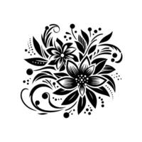 Intricate black floral with bold lines, featuring petals, leaves, and delicate dot accents on white background. vector