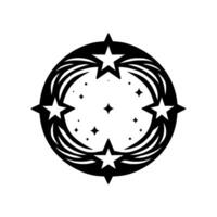 Black and white circular stellar design four pointed stars, decorative swirls, and central starfield on white backdrop. vector