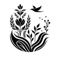 Black and white floral silhouette stylized bloom with a flying bird, leaves, and berries. vector