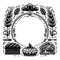 Decorative black and white bakerythemed border with bread, pastries, wheat, and a circular frame design. vector