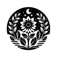 Symbolic black and white circular featuring a geometric flower, foliage, crescent moon, and stars, representing nature and the cosmos vector