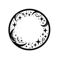 Ornate celestial frame black circle border, moons, stars, and floral elements on white background vector