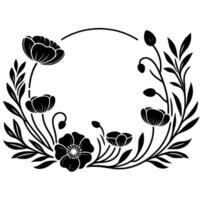 Elegant monochrome floral frame featuring poppies, buds, and leaves surrounding an empty center on white. vector