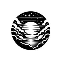 A serene black and white celestial landscape encapsulated within a circular frame, featuring a moon, stars, clouds, and a body of water, evoking peace. vector