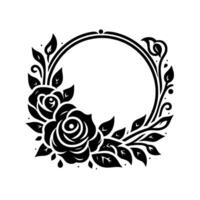 Elegant black and white floral wreath featuring roses, leaves, and a circular frame, perfect for and decoration vector
