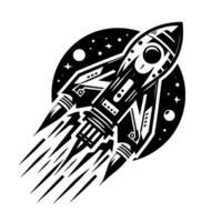 Bold, black white illustration of a rocket ship flying through space, surrounded by stars and planets, in a retro style. vector