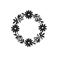 Stylized black and white floral wreath with daisies and leaves, ideal for wedding invitations, emblems. vector