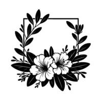 Elegant black and white floral frame two flowers with leaves enclosed by a rectangular border, perfect for invitations or decorative designs. vector
