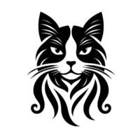 Striking black and white cat head with ornate fur and whiskers, showcasing geometric lines on a white background. vector