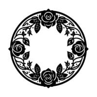 Elegant black and white circular floral featuring roses, leaves, and intricate details, suggesting a vintage aesthetic for decoration. vector