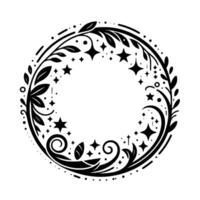 Intricate black and white floral wreath with stars and decorative dots, circular composition on a clean white background. vector