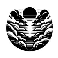 Abstract black and white silhouette of a sunset over water, surrounded by stylized clouds in a circle composition. vector