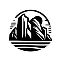 Black and white minimalist logostyle depiction of a mountain range with a rising sun, encircled by a stylized landscape. vector
