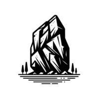 Monochromatic geometric illustration of a jagged mountain with minimalist trees and water lines against a white background. vector