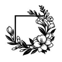 Elegant black and white floral frame with square border and ornate botanical elements for decorative designs. vector