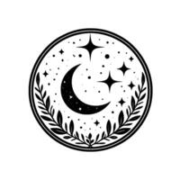 Celestial emblem crescent moon, stars, and botanical frame, a black and white circular illustration. vector
