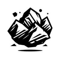 Stylized black and white mountain range illustration with floating geometric shapes and shadow on white background. vector