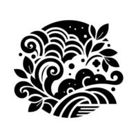 Black white abstract floral wave pattern, circular composition with swirls, leaves, dots on white background. vector