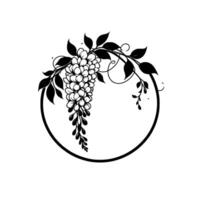 Elegant black and white floral featuring a cluster of wisteria blossoms, leaves, and vines, encircled in a minimalist circular frame. vector