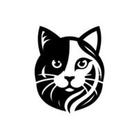 A symmetrical black and white cat face logo, split vertically with expressive eyes, whiskers, and a clean, minimalist aesthetic. vector