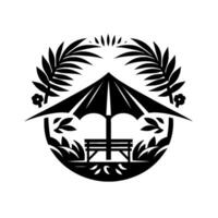 Monochrome garden scene featuring a picnic umbrella over a park bench with floral and plant motifs in a circular emblem. vector