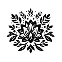 Symmetrical, stylized black and white floral mandala pattern with layered petals, leafy branches, and dots on a white background. vector