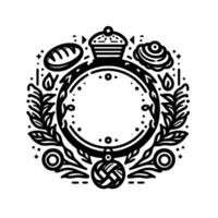 Elegant black white circular emblem with bakery items, floral accents, and central blank space, in a decorative line art style vector