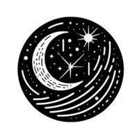 Black and white celestial icon crescent moon, stars, sun, and cosmic swirls in circular frame. vector