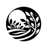 Stylized black and white nature circle curved landscape, leafed branches, foliage, berrylike elements, within circular frame. vector