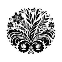 Ornate floral design circular black and white pattern with flowers, leaves, and curvilinear elements. vector