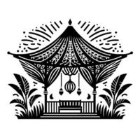 Intricate black and white gazebo illustration with ornamental details, botanical accents, and sunburst design. vector